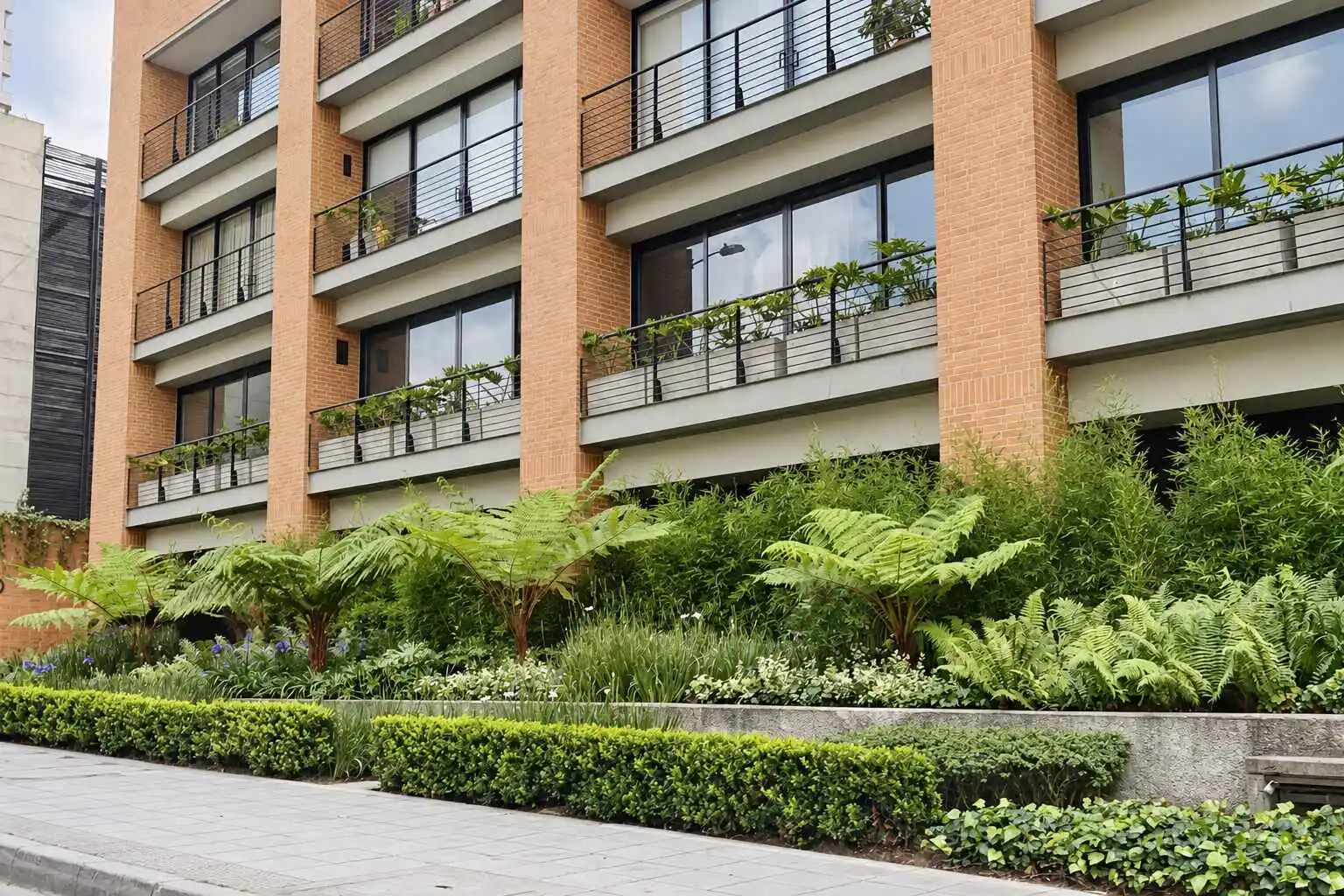 Edificio de ladrillo con balcones y jardín de helechos, bambú y setos a nivel de calle
